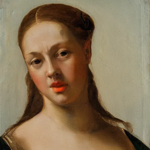 Prompt: painting of a beautiful young woman in the style of the old dutch masters with exaggerated proportions, huge bust, curvy waist