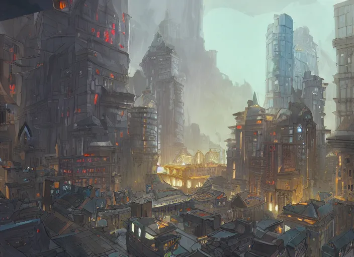 Prompt: wide establishing shot of a dungeons and dragons battle map of a modern city, dynamic composition, dramatic lighting, trending on artstation, digital art, stylized painting