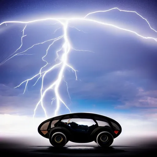 Image similar to futuristic flying car inside a circle made of lightning in the sky, thunderstorm at night, 28mm dramatic photo