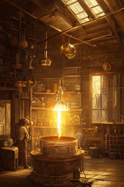 Image similar to a glowing gold coin on the anvil, blacksmith's shop interior, cinematic lighting. digital art by WLOP, highly detailed, illustration.