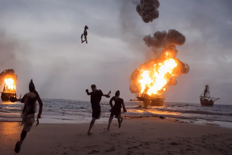 Image similar to portrait pirate crew running down beach as pirate ship fires canons, sand explosion 8 5 mm by emmanuel lubezki