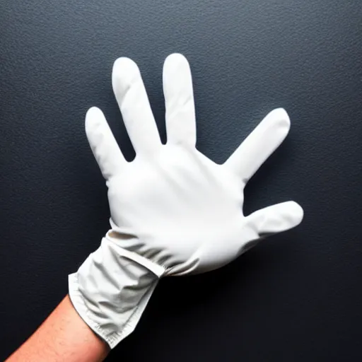 Image similar to a disembodied 5 - fingered white gloved hand waving out from behind a dark doorway