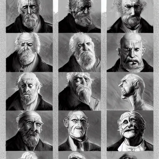 Prompt: faces reference sheet of various old - man by ashley wood and j. m. w. turner, speed painting, matte painting, monochrome