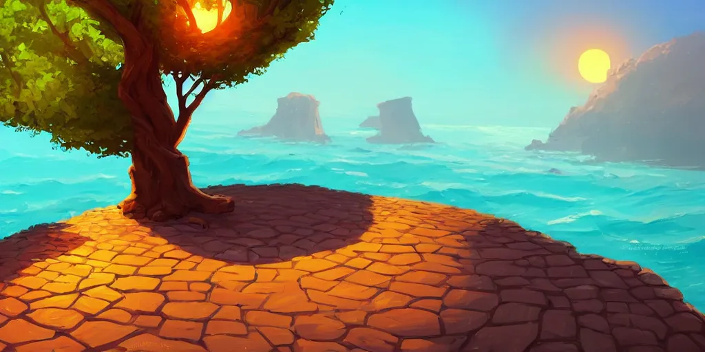 Prompt: a lonely cobblestone street with a tree on a cliff over the sea at sunset, brightly illuminated by rays of sun, artstation, colorful sylvain sarrailh illustration, by peter chan, day of the tentacle style