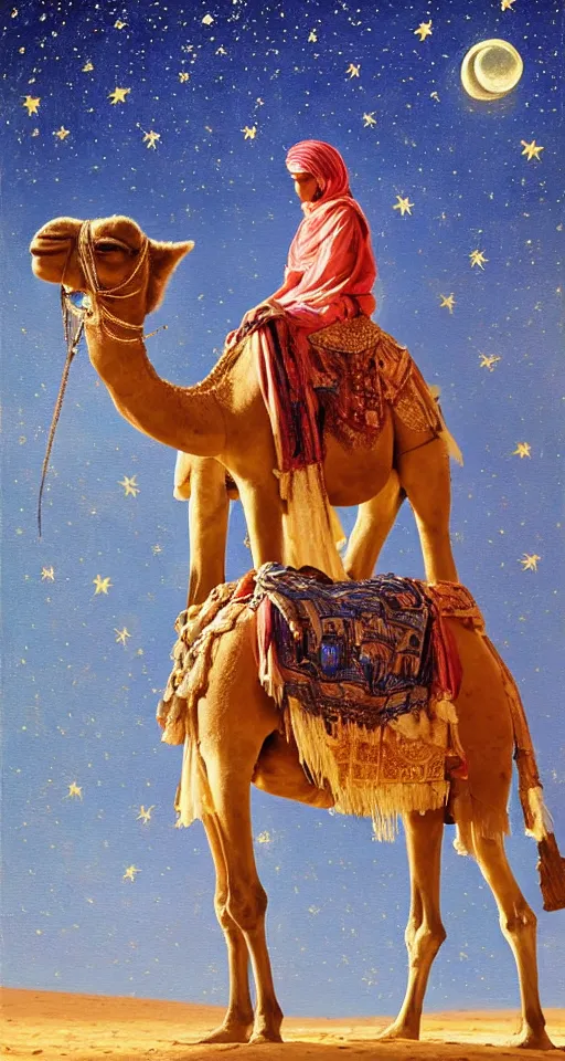 Image similar to an arabian merchant rides her camel in the desert at night, soft glow from a lantern, moon and stars in night sky, stunning, detailed oil paint