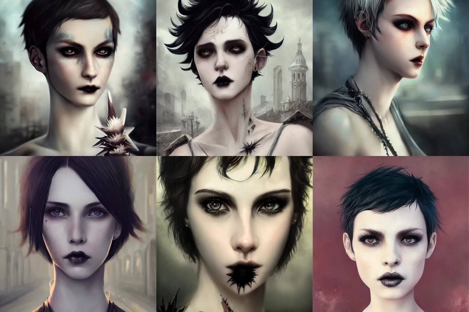 Prompt: an 8k photograph of a beautiful happy goth, spiky short hair, insanely detailed and intricate, smooth porcelain skin, blurry urban background, cinematic, tender eyes, by Charlie bowater