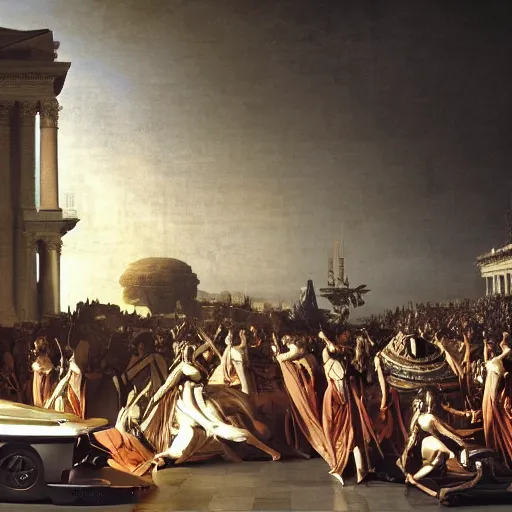 Image similar to full lenght sci-fi cars in the coronation of napoleon painting by Jacques-Louis David and point cloud in the middle and everything in form of zaha hadid architects artwork by caravaggio unreal engine 5 keyshot octane lighting ultra high detail ultra hyper realism 8k 16k in plastic dark tilt shift full-length view