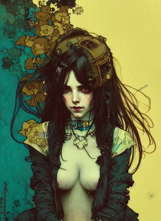 Image similar to highly detailed portrait of a moody sewerpunk young adult lady by krenz cushart, by artem demura, by alphonse mucha, by kaethe butcher, gradient yellow, black, brown and cyan color scheme, grunge aesthetic!!! ( ( graffiti tag city background ) )