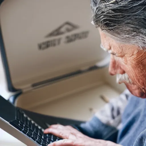 Image similar to elderly man sitting in a casket browsing internet on laptop from a casket casket