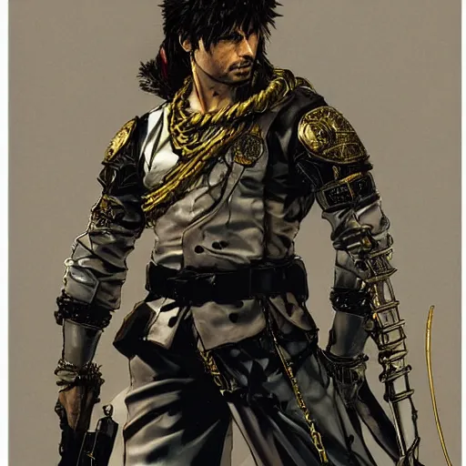 Image similar to portrait of a white and hispanic hero holding his sword in front of his face by yoji shinkawa, high quality, extra details, realism, ornate, colored, golden chain, blood