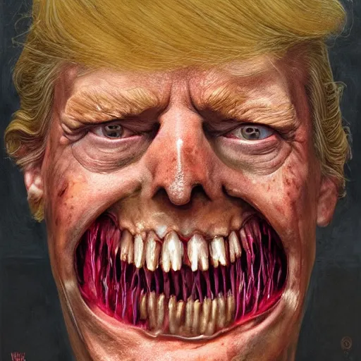 Image similar to a portrait of donald trump's, flesh eating worms, macabre, horror saw teeth, horror rotten teeth, peeling face skin, by donato giancola and greg rutkowski and wayne barlow and zdzisław beksinski, realistic face, visible face, digital art, artstation, symmetry