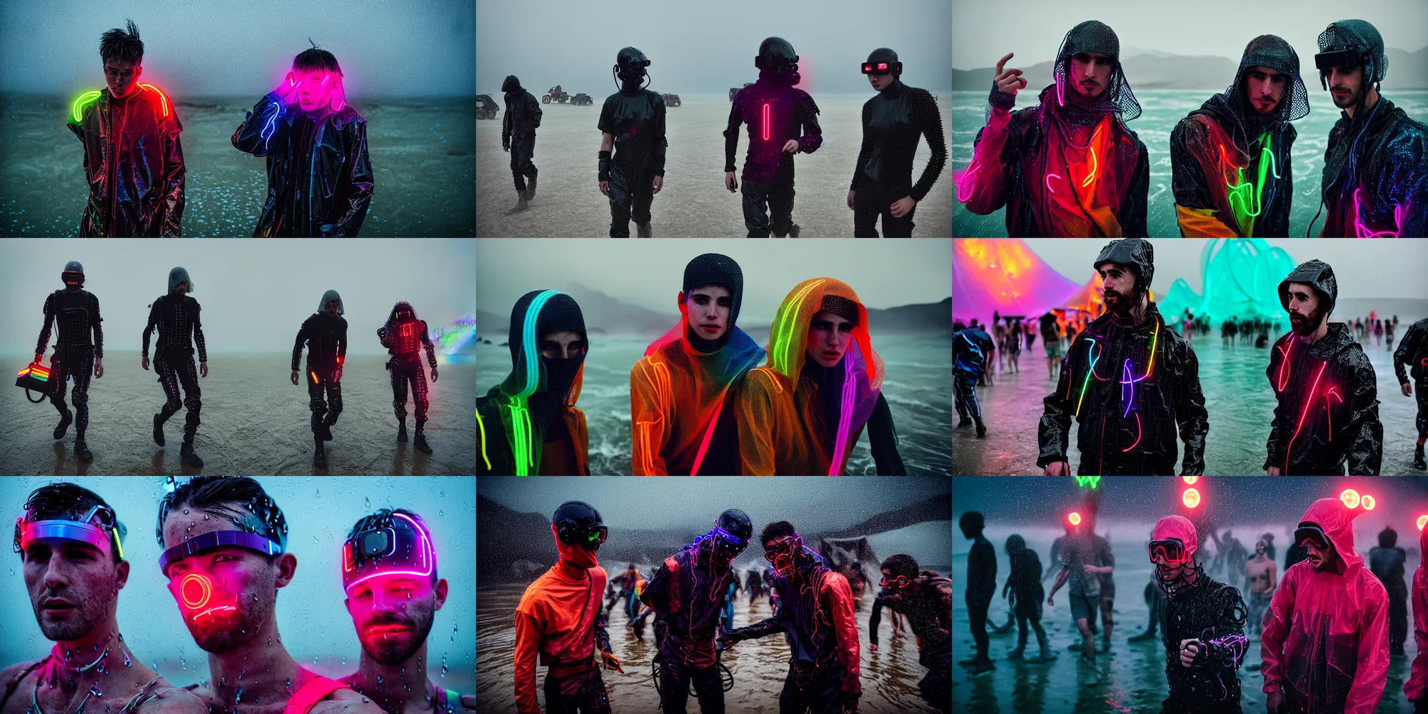 Prompt: cinestill hasselblad 2 0 0 mm, f 1. 2, extreme motion blur, candid photographic portrait by robert capas of 2 cyborgs wearing rugged neon rainbow mesh techwear in treacherous waters, burning man nevada, modern cyberpunk moody depressing cinematic, pouring rain, ultra realistic faces, ex machina