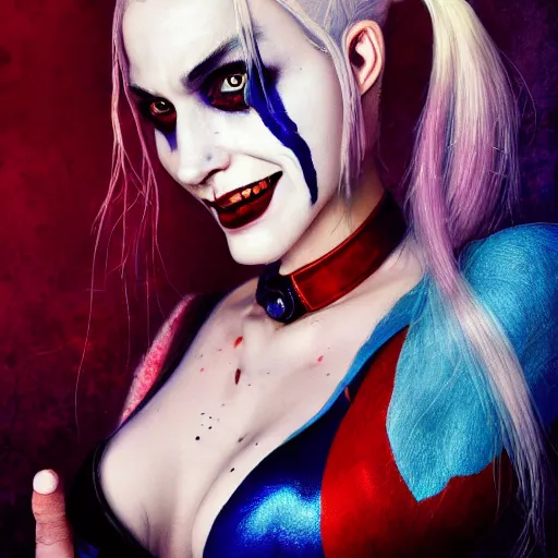 Prompt: Harley Quinn from the suicide squad, portrait, playful, fantasy, medieval, beautiful face, vivid colrs, elegant, concept art, sharp focus, digital art, Hyper-realistic, 4K, Unreal Engine, Highly Detailed, HD, Dramatic Lighting by Brom, trending on Artstation,