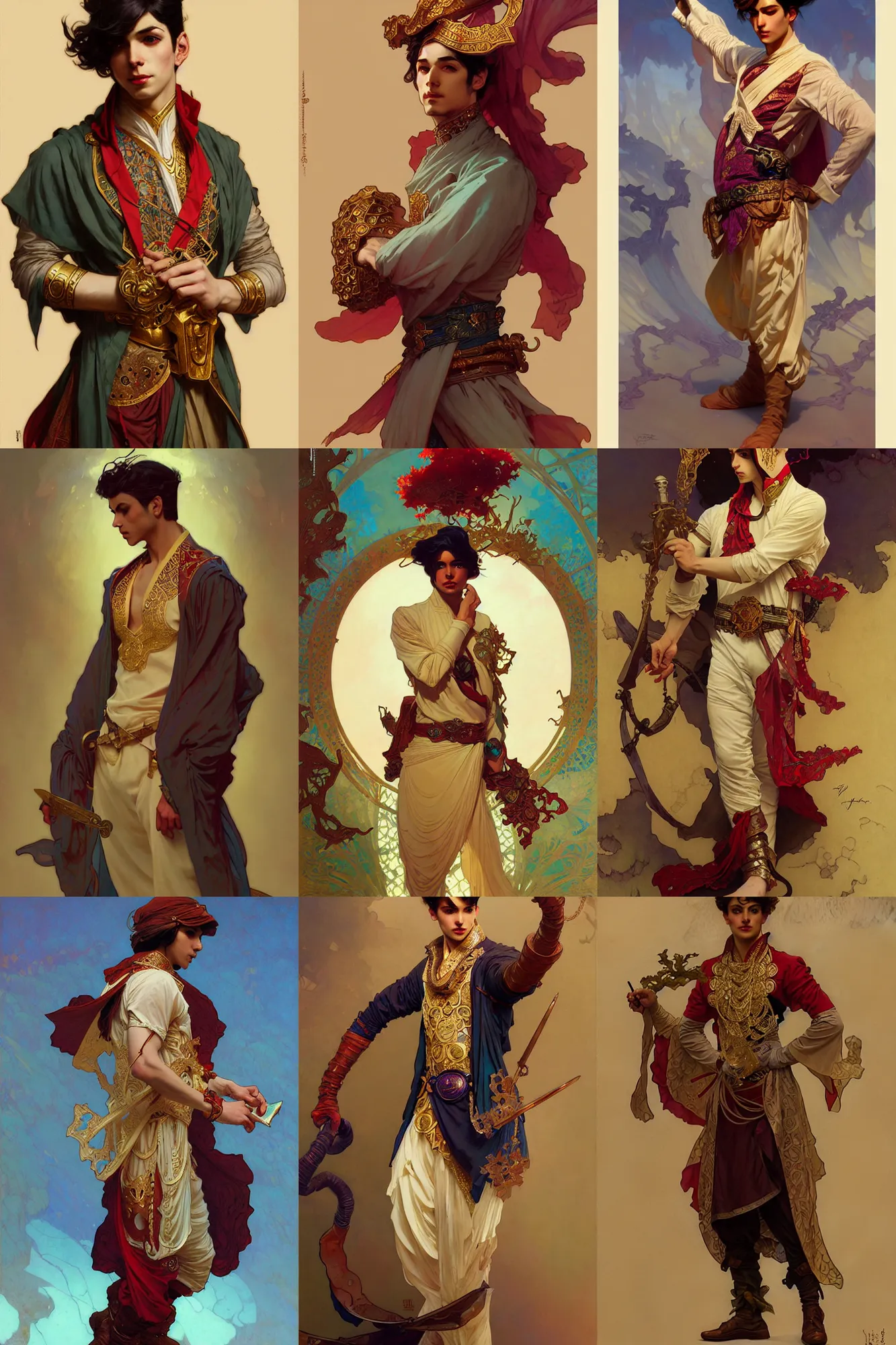 Prompt: young male, persian costume, fantasy, smooth, art by joseph leyendecker, peter mohrbacher, ruan jia, marc simonetti, ayami kojima, cedric peyravernay, alphonse mucha, victo ngai