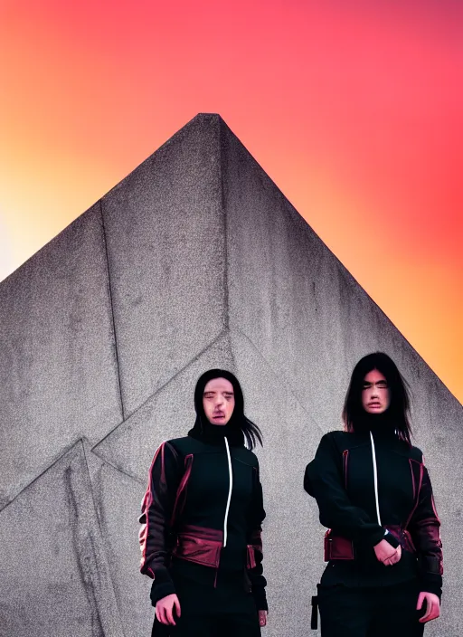 Prompt: cinestill 5 0 d photograph of 2 women wearing black techwear in front of a brutalist sharp - edged metal building, closeup, on a desolate plain with a red sky, dystopia, cyberpunk, 4 k, 8 k, hd, full color