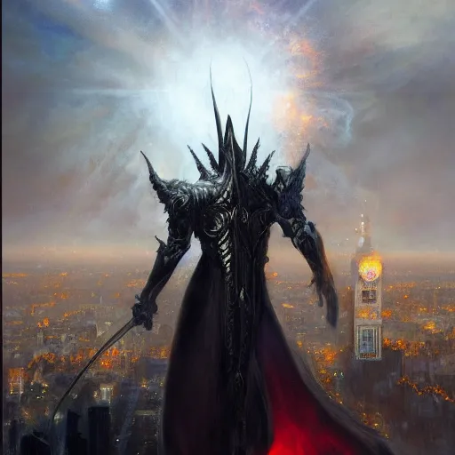 Image similar to eye of sauron looks over london by raymond swanland, highly detailed, bright tones