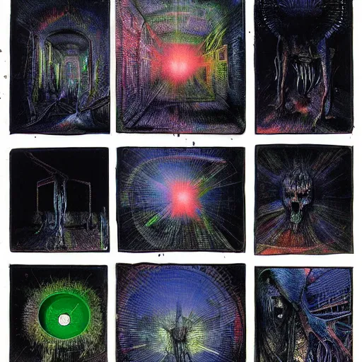 Image similar to acid metal reflecting, prismatic neon death, nebula oil colors, !dream merge skeletons in the hundeds reaching out the broken portal to hell, melting metal vortex, artwork by beksinski + gammell + mcfarlane + giger, wispy realistic horrors