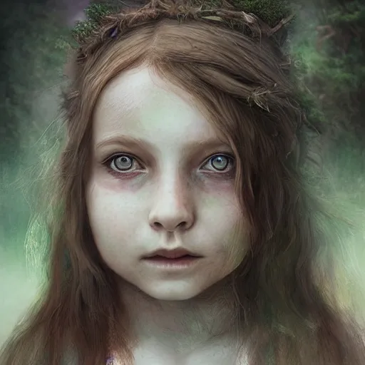 Image similar to a forest child girl portrait by leesha hannigan, fantasy, artwork, digital art, highly detailed face, nature, light, fog