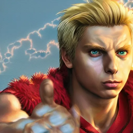 Image similar to michael cera as ken masters street fighter, ultra realistic, concept art, intricate details, highly detailed, photorealistic, octane render, 8 k, unreal engine, art by frank frazetta, simon bisley, brom