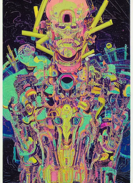 Prompt: grainy risograph highly detailed painting of mecha - human portrait neural avantgarde sinister realm, intense dark magical detailed maximalist unheimlich vibe, a hologram in the style of moebius, tomokazu matsuyama, borremans, petra cortright, jenny saville, boris vallejo