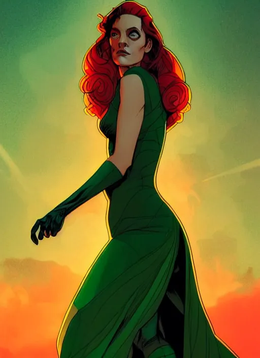 Prompt: Rafeal Albuquerque comic art, Joshua Middleton comic art, cinematics lighting, sunset colors, pretty Marion Cotillard Enchantress comicbook villain, green dress, angry, symmetrical face, symmetrical eyes, full body, flying in the air, night time, red mood in background