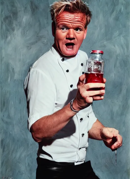 Prompt: Gordon Ramsey chugging an entire 2 liter bottle of coca cola, intense expressionistic photograph, high quality, detailed, sharp