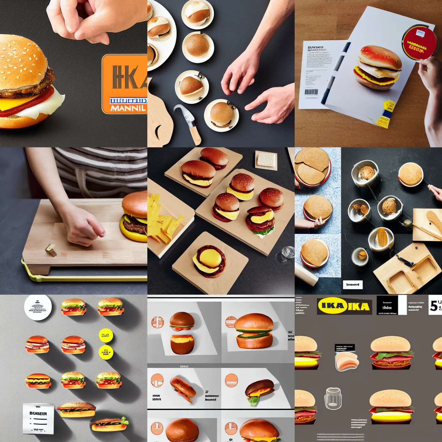 Prompt: ikea manual on how to assemble hamburger