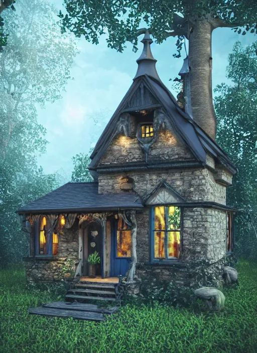 Image similar to hyper realistic homely ornate witch cottage architectural, in the woods gorgeous lighting, blue sky, highly detailed, lush forest architectural render, octane render, ue 5 raytraced