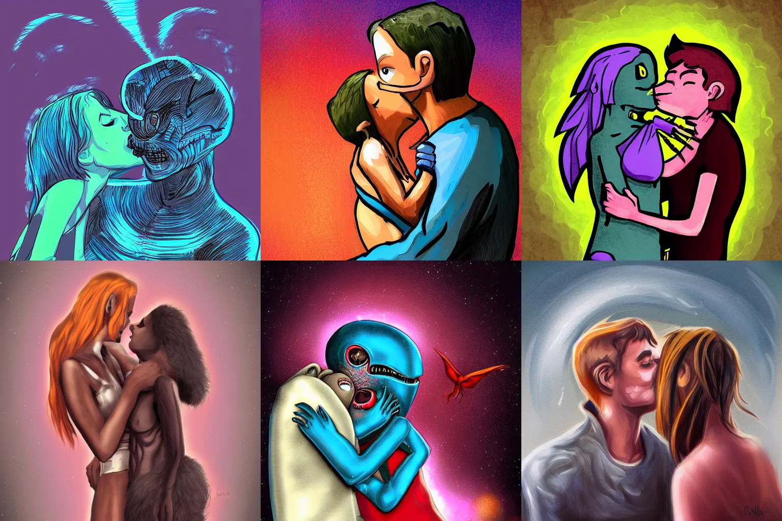 Prompt: Human kissing an alien in the style of flooko, digital art,