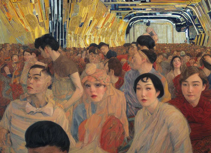 Prompt: people in movie theatre, interior factory bright, portrait face, in the style of frantisek kupka, intricate, miles johnston, keita morimoto, kuroda seiki, cynical realism, ozabu, john william godward, painterly, yoshitaka amano, beautiful lighting, miles johnston, klimt, louise zhang, james jean