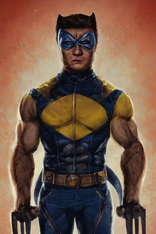 Image similar to taron egerton as wolverine with a full costume and cowl. art by gaston bussierez.