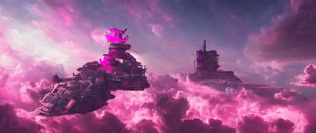 Prompt: heaven pink, portrait punk, pink mohawk, space, hyperdetailed illustration, stars, neon, oil painting, rich deep colors masterpiece, ultra detailed, contrast, clouds, volumetric light, atmospheric lighting, pirate neon ship, dramatic, cinematic, moody, octane render 4 k, 8 k