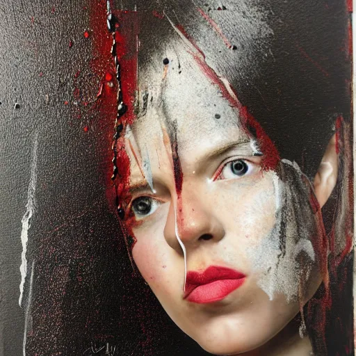 Prompt: portrait of a woman, paint spit on canvas, by lee ellis, highyl detailed, sharp, in focus, matte painting, mixed media