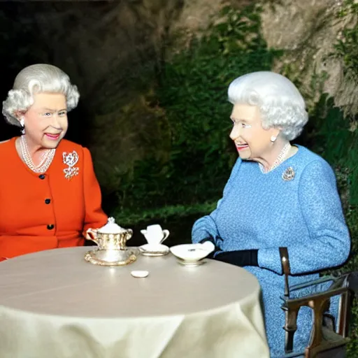 Prompt: photo of queen elizabeth having tea with a caveman