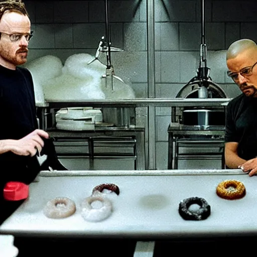 Image similar to walter white and jesse pinkman in gus frings underground laboratory making crystal covered donuts