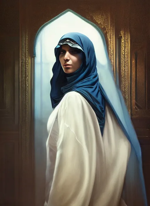 Prompt: a Photorealistic dramatic hyperrealistic render of an arab ameera al taweel, blue eyes, black hair, white veil,by WLOP,Artgerm,Greg Rutkowski,Alphonse Mucha, Beautiful dynamic dramatic dark moody lighting,shadows,cinematic atmosphere,Artstation,concept design art,Octane render,8K