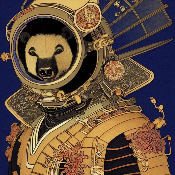 Image similar to anthropomorphic samurai asian black bear in space suit, fantasy, intricate, highly detailed, lifelike, photorealistic, digital painting, artstation, illustration, concept art, smooth, sharp focus, art by alphonse mucha and kitagawa utamaro and ogata korin and aya takano