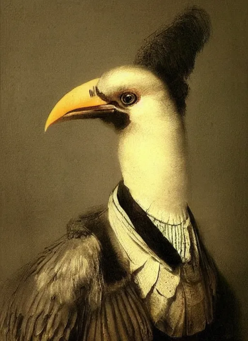 Prompt: beautiful portrait painting of an elegant bird wearing a suit,,,,,,,,, by rembrandt