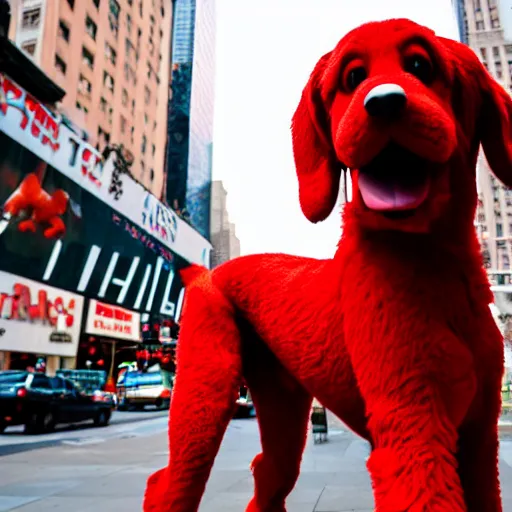 Image similar to Clifford the big red dog photographed in New York City, Times Square avenue barking at random tourists, 4k, detailed