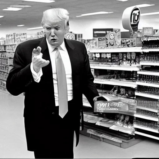 Image similar to Donald Trump working at Kmart in the 1980s black and white photo movie still