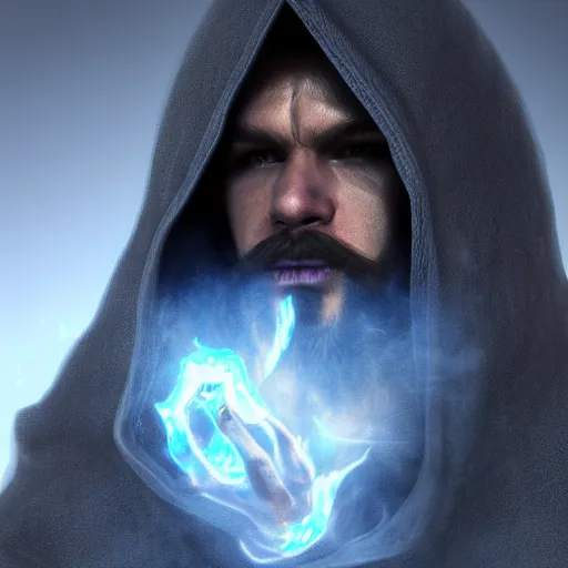 Prompt: A hooded young bearded male mage summoning a daemon matte painting Peter Morbacher concept art ArtStation trending octane render 4D Ray Tracing lighting award winning photography