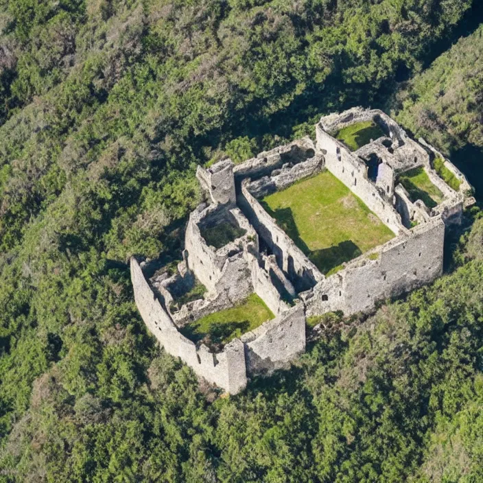 Image similar to aerial view of an ancient fortress from above on a hill by the ocean shaped exactly like the punisher symbol detailed