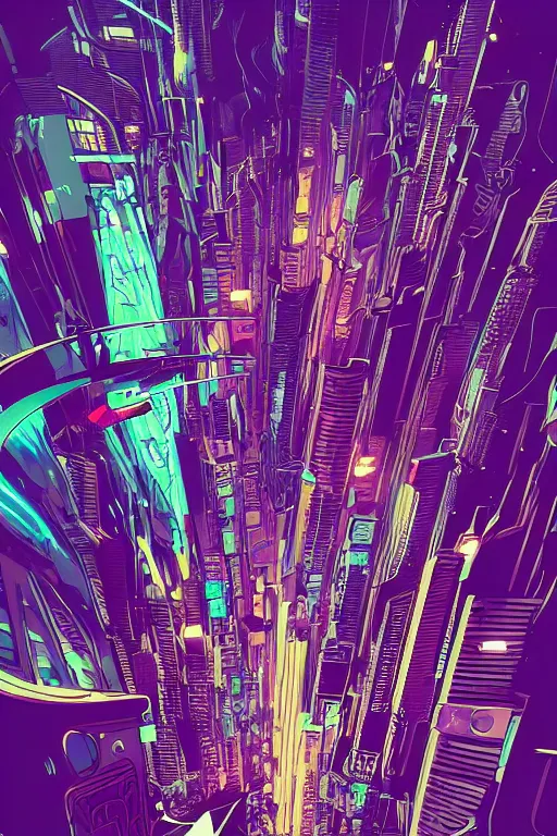 Prompt: astronaut cyberpunk surreal upside down city, neon lights, sharp edges, flat colors, cell shaded by moebius, Jean Giraud, trending on artstation