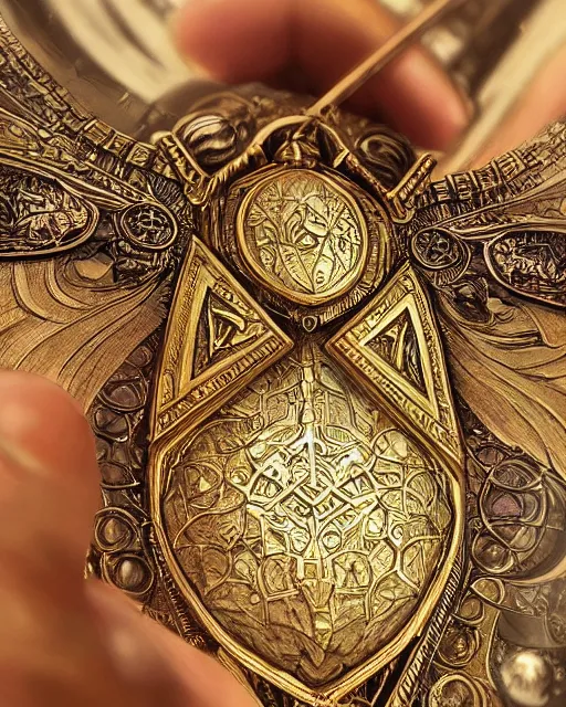 Image similar to close up shot of an amulet, d & d, fantasy, intricate, elegant, highly detailed, digital painting, artstation, concept art, smooth, sharp focus, illustration, in the style of artgerm and greg rutkowski and alphonse mucha