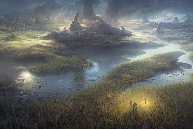 Image similar to aerial view, fantasy painting, dungeons and dragons, a faerie village hovels, swamp reeds wetland marsh sunset estuary, with ominous shadows, an egret by jessica rossier and brian froud cinematic painting