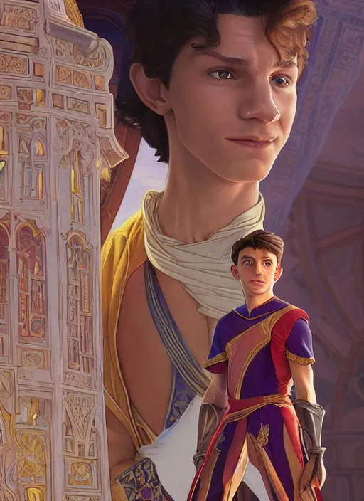 Image similar to skinny young tom holland as prince ali ababwa in the sultan's palace, cinematic lighting, path traced, highly detailed, high quality, beautiful painting, by don bluth and ross tran and studio ghibli and alphonse mucha, artgerm