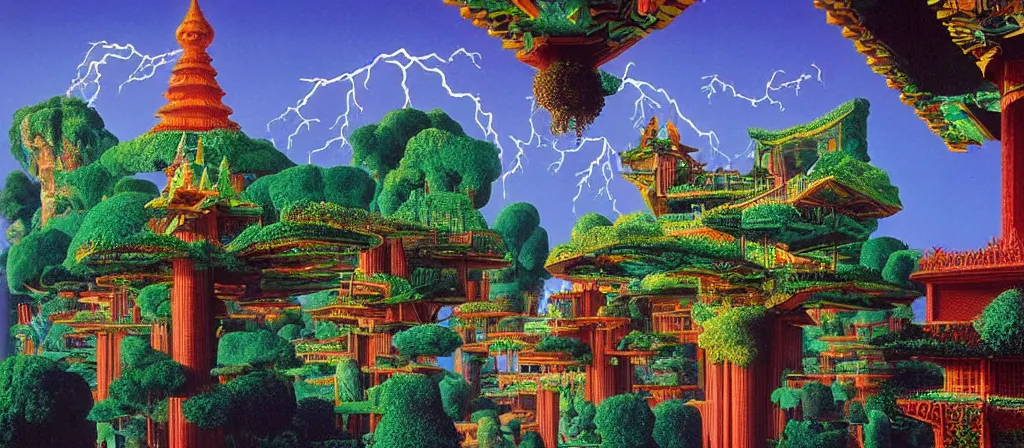 Image similar to huge gargantuan angular dimension of pagoda liminal spaces, temples by escher and ricardo bofill. utopian singaporean landscape by roger dean. magical realism, royal blue surrealism, lush sakura trees, waterfalls, thunder, lightning, cyberpunk, shot from below, epic scale