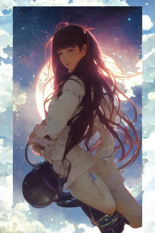 Image similar to an anime girl in a spacesuit in awe at the beauty of the universe, intricate, space, stunning, highly detailed, digital painting, artstation, smooth, hard focus, illustration, art by artgerm and greg rutkowski and alphonse mucha