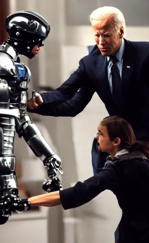 Image similar to robocop beating up joe biden, detailed facial expression, slow motion, cinema still