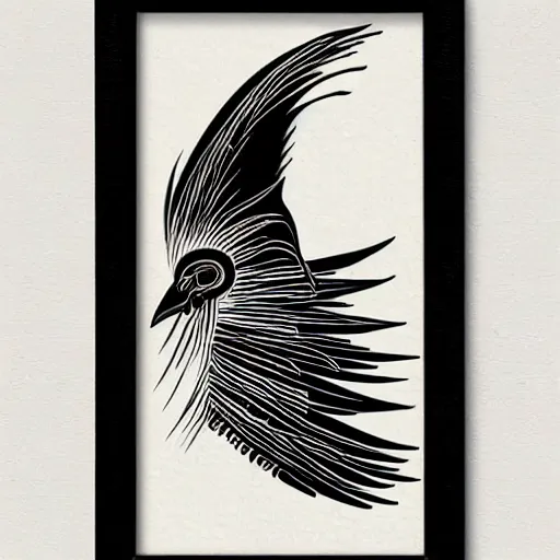 Image similar to a bird rising above the flames, mexican folk art, native american folk art, relief engraving, framed art, very simple, extremely abstract, deep black shading, mild expressionism, award winning